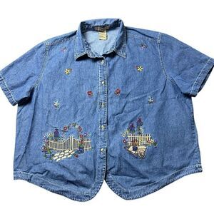 VTG JMS Denim Shirt Womens Plus Sz 22W/24W Tie Back Embroidered Cottage Garden